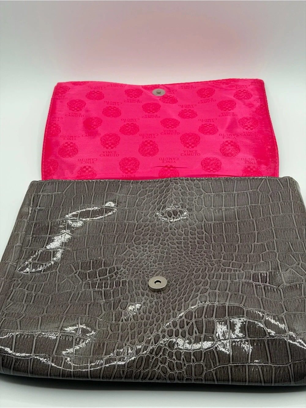 Vince Camuto Faux Gray Snakeskin Oversized Snap Closure Clutch Purse